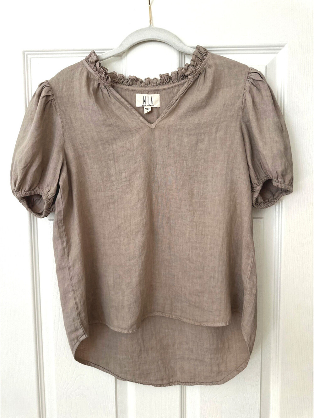 MILA Women's Linen V Neck Blouse Puff Sleeve Biege Size XS Classic Boho